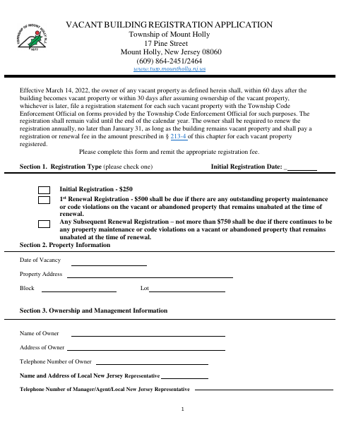 First page of the Vacant Building Registration Application