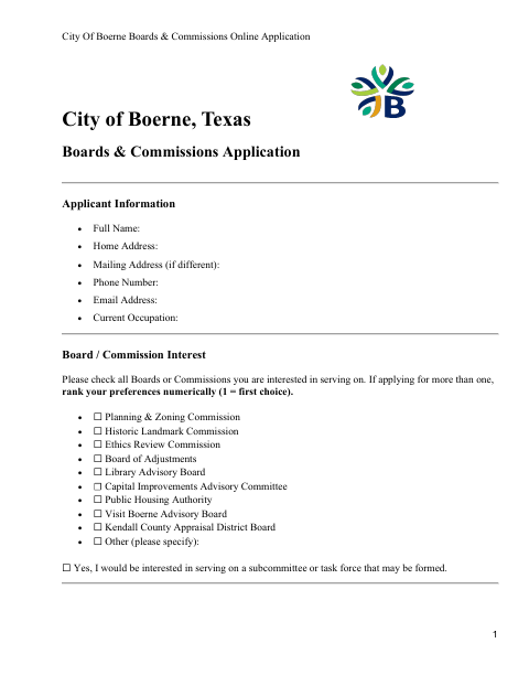 First page of the Boards and Commissions Application