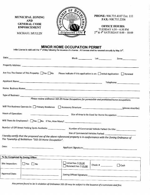 First page of the Minor Home Occupation Permit