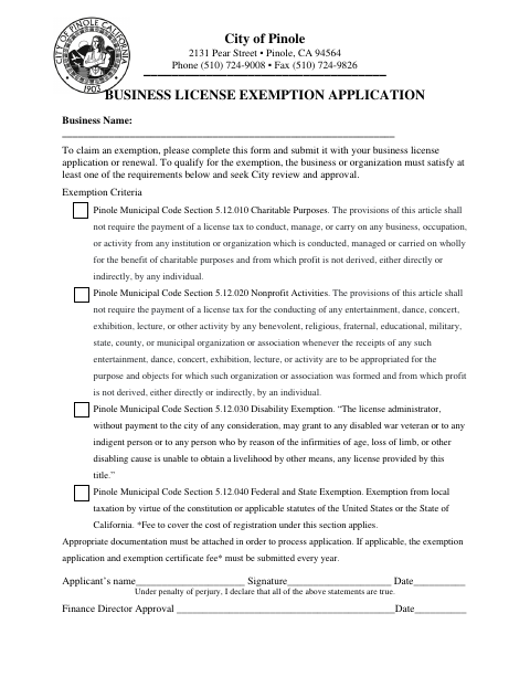 First page of the Business License Exemption Application