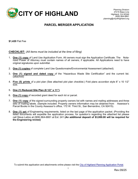 First page of the Parcel Merger Application