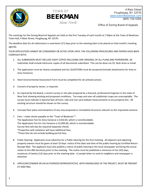 First page of the Zoning Board of Appeals Application