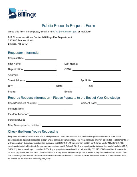 First page of the Public Records Request Form
