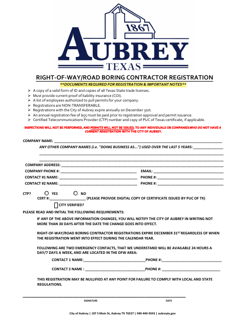 First page of the Right-of-Way/Road Boring Contractor Registration