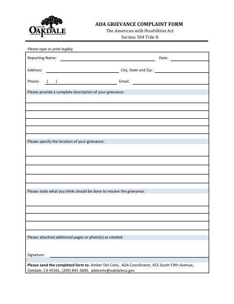 First page of the ADA Grievance Complaint Form and Procedure