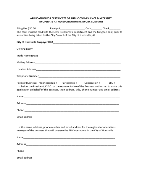 First page of the Application for Certificate of Public Convenience and Necessity