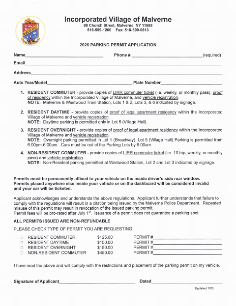 First page of the Parking Permit Application