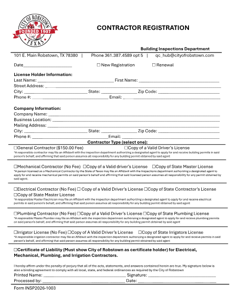 First page of the Contractor Registration