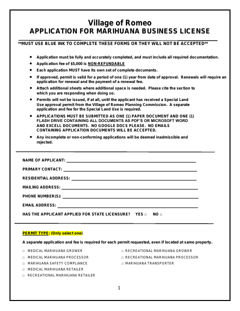First page of the Application for Marihuana Business License