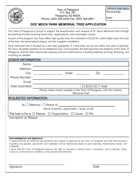 First page of the Doc Mock Park Memorial Tree Application