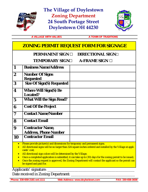 First page of the Zoning Permit Request Form for Signage