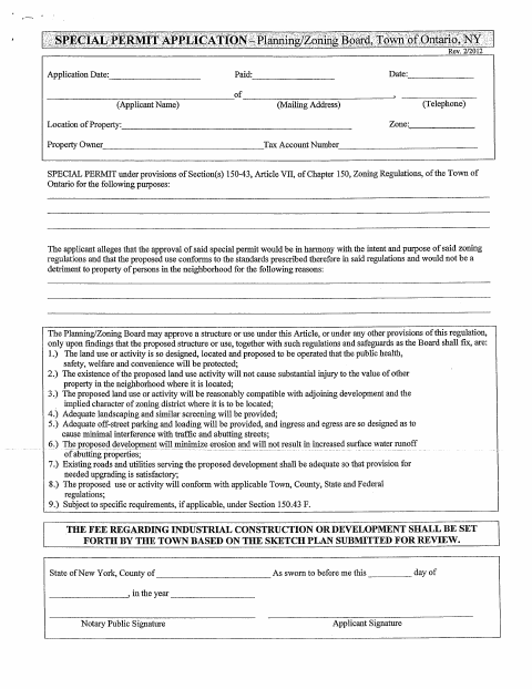 First page of the Special Permit Application and Questionnaire