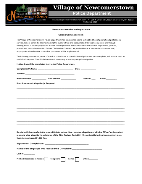 First page of the Citizen Complaint Form