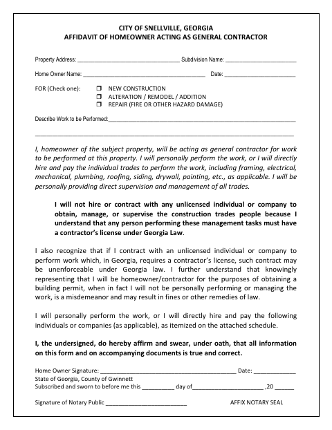 First page of the Affidavit of Homeowner Acting as General Contractor
