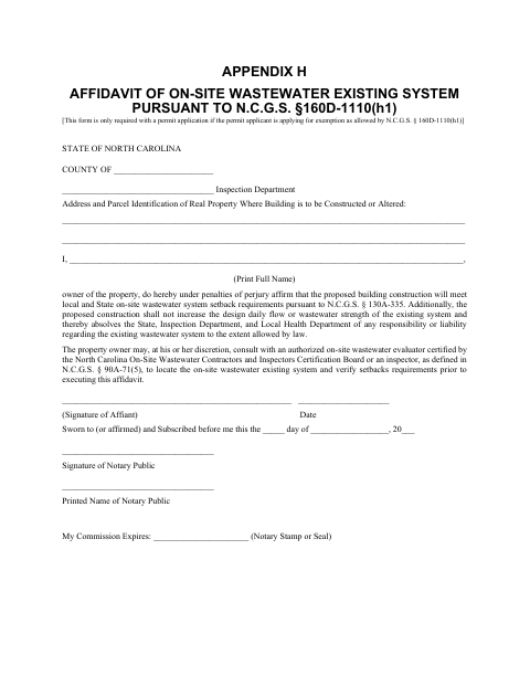 First page of the Affidavit of On-Site Wastewater Existing System