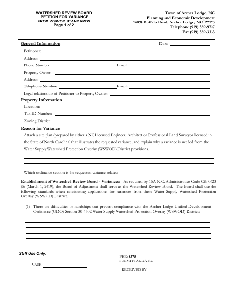 First page of the Watershed Review Board Petition for Variance From WSWOD Standards