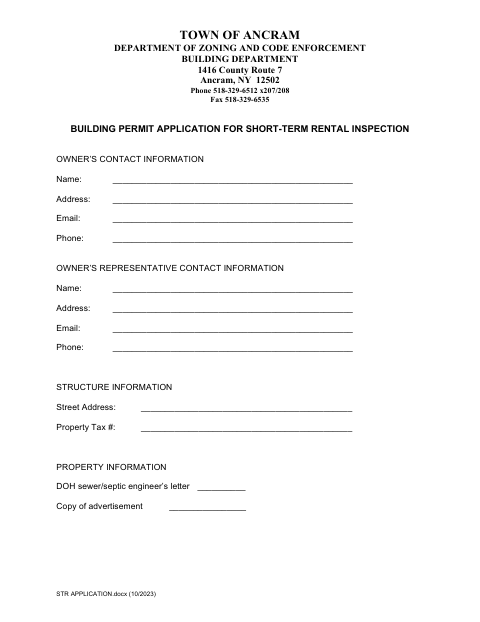 First page of the Building Permit Application for Short-Term Rental Inspection