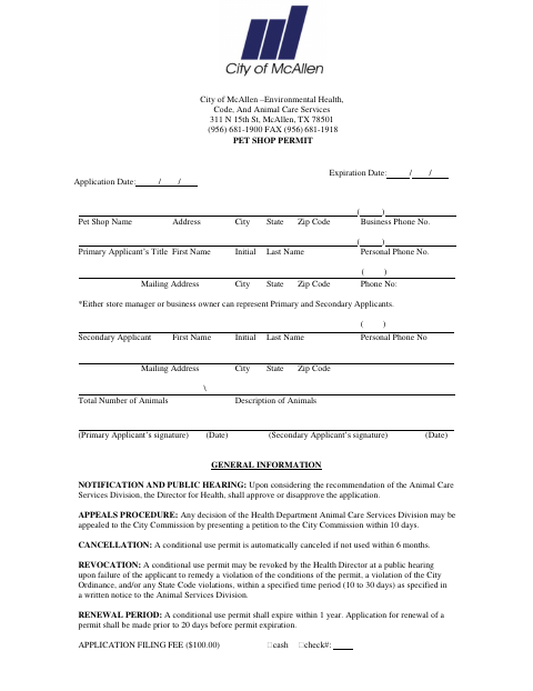 First page of the Pet Shop Permit