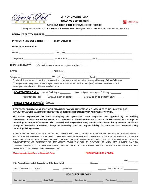 First page of the Rental Registration Form