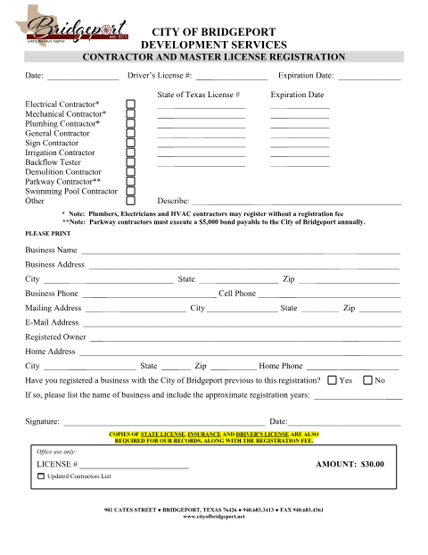 First page of the Contractor and Master License Registration