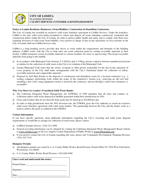 First page of the Waste Hauling Customer Acknowledgement Form