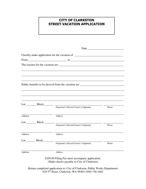 First page of the Street Vacation Application
