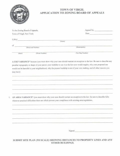 First page of the Zoning Board Variance Application