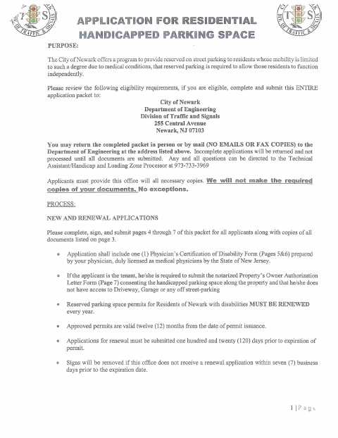 First page of the Application for Residential Handicapped Parking Space