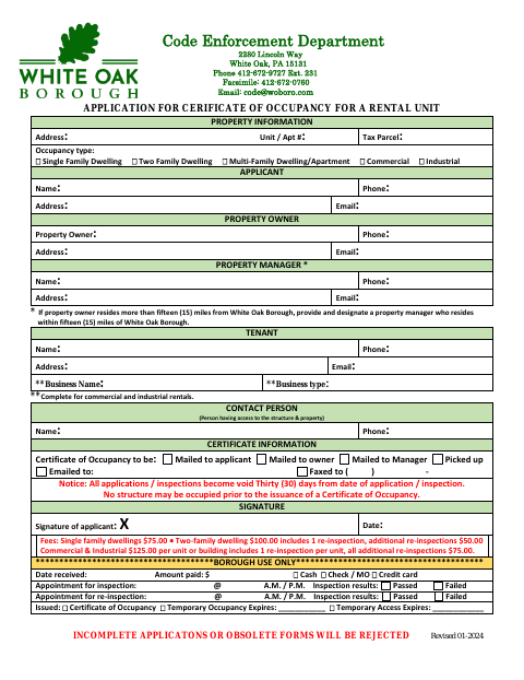First page of the Application for Certificate of Occupancy for a Rental Unit