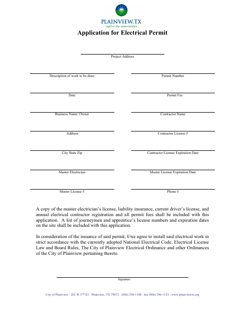 First page of the Application for Electrical Permit