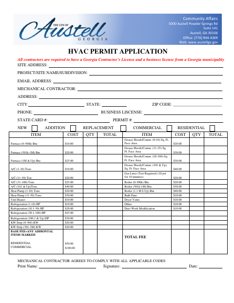 First page of the HVAC Permit Application
