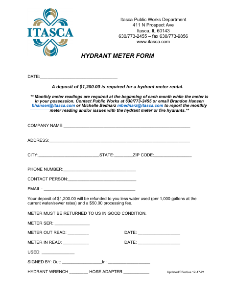 First page of the Hydrant Meter Form