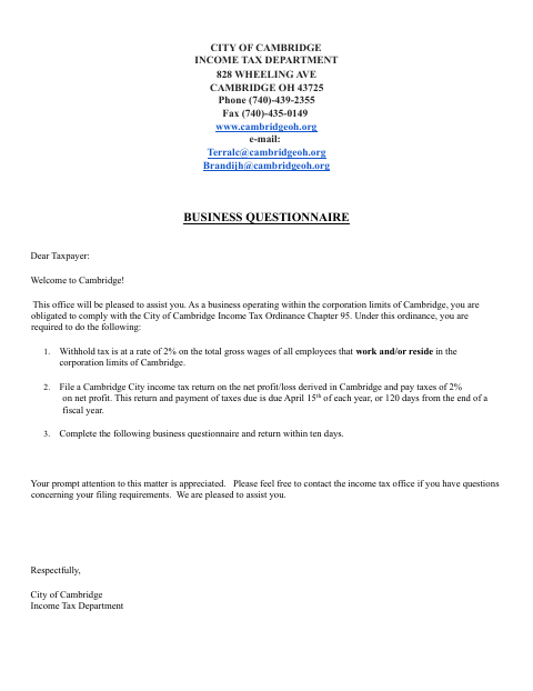 First page of the Business Questionnaire