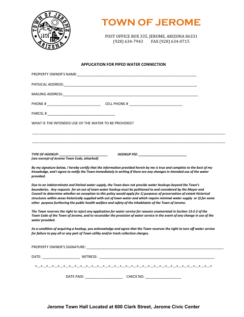 First page of the Application for Piped Water Connection