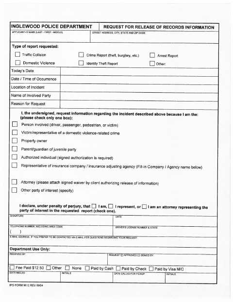 First page of the Police Records Release Request Form