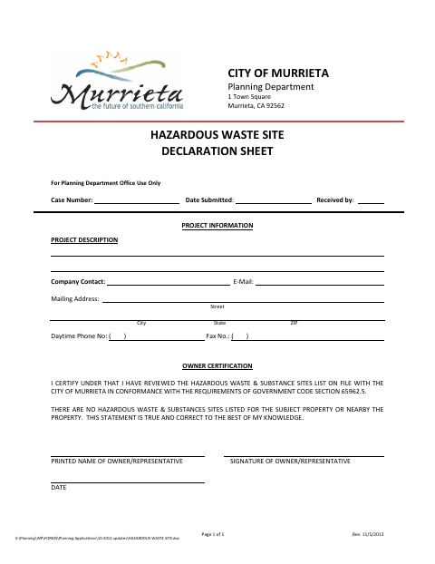 First page of the Hazardous Waste Site Declaration Sheet