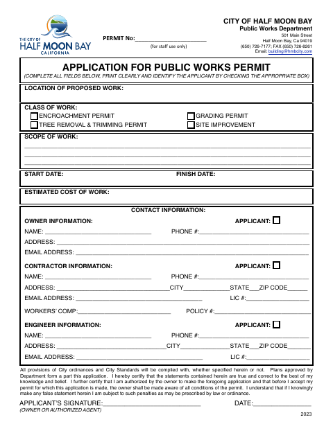 First page of the Application for Public Works Permit (Encroachment/Grading/Tree)