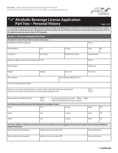 First page of the Alcoholic Beverage License Application Part Two