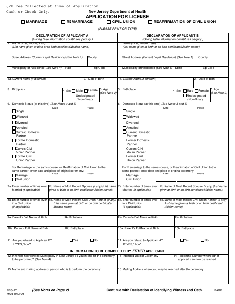 First page of the Marriage, Remarriage, Civil Union, or Reaffirmation of Civil Union License Application