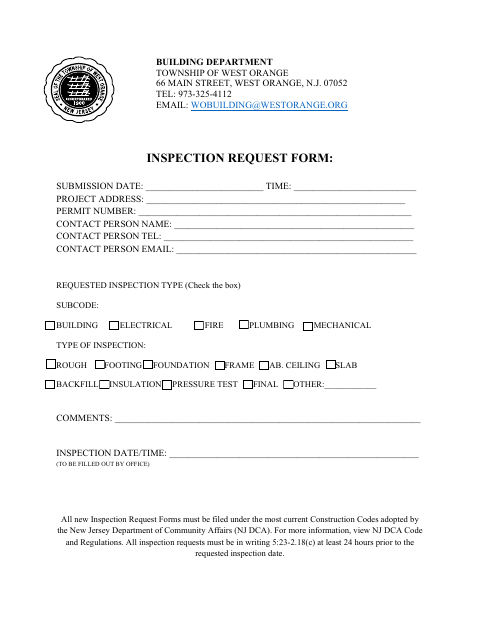 First page of the Inspection Request Form