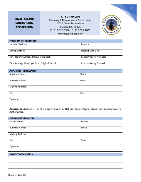 First page of the Final Major Subdivision Application