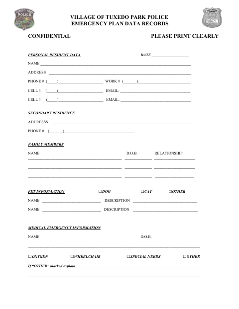 First page of the Emergency Plan Data Records