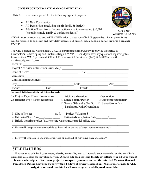 First page of the Construction and Demolition Debris Recycling Plan