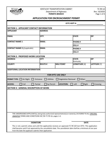 First page of the Application for Encroachment Permit