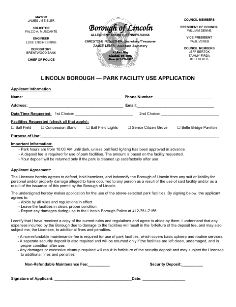First page of the Recreation Facility Application