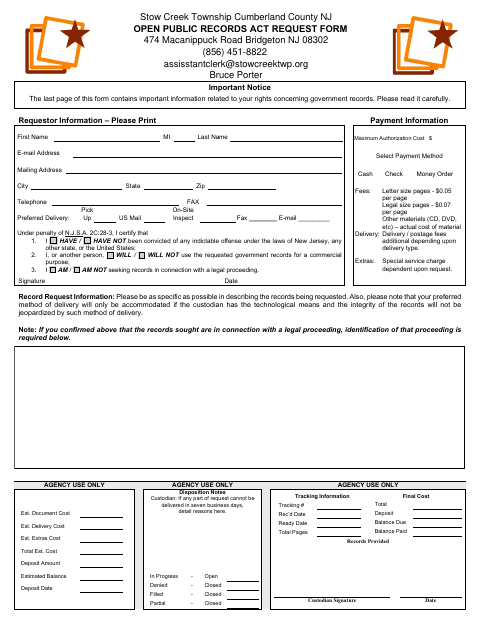 First page of the Open Public Records Act Request Form