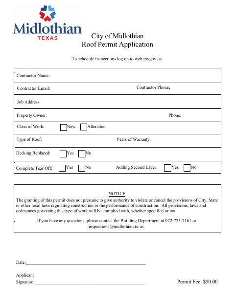First page of the Roof Permit Application