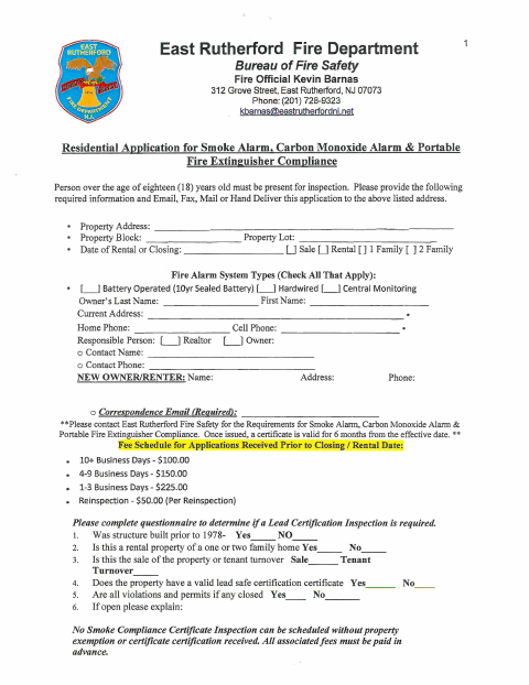 First page of the Residential Smoke Alarm, Carbon Monoxide Alarm & Portable Fire Extinguisher Compliance Application