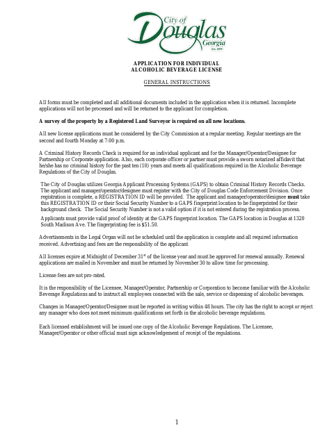 First page of the Individual Alcoholic Beverage License Application