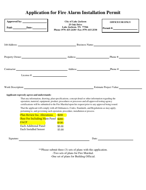 First page of the Application for Fire Alarm Installation Permit